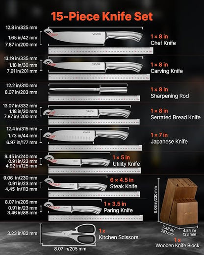 VEVOR Kitchen Knife Set with Block and Sharpener, 15 Piece German High Carbon Stainless Steel Sharp Knife Set, Kitchen Cutlery with Ergonomic Handle, Sharpening Rod and Wooden Block, for Home Cooks