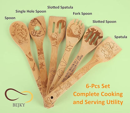 Bejky 6-Pcs Wooden Bamboo Spoons Set - Organic Food Cooking Utensils - Kitchen Accessories and Home Decor - Cookware Gifts for Women - Easy Wash Spatulas - 3D Engraved Patterns (Winnie the Bear)