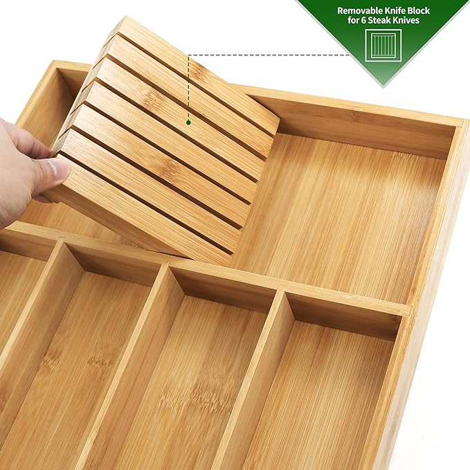 VaeFae Bamboo Silverware Organizer (Non-expandable), Utensil Holder for Drawer, Cutlery Tray with Divider for Kitchen Drawer, Utensil Organizer with Knife Block