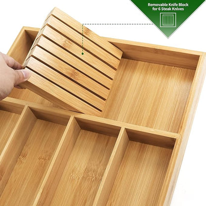 VaeFae Bamboo Silverware Organizer (Non-expandable), Utensil Holder for Drawer, Cutlery Tray with Divider for Kitchen Drawer, Utensil Organizer with Knife Block