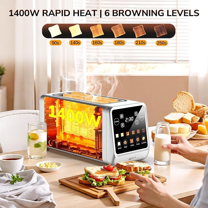 Keenstone 4 Slice Touch Screen Toasters with Wide Slot, 1400W Stainless Steel Smart Toaster for Bagels, Waffles, Muffin - Timer, Defrost, Reheat & Memory Function, Family Breakfast Toaster