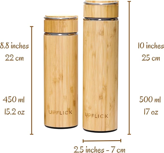 Bamboo Water Bottle Tea Tumbler 15 oz Set of 25 pcs Wide Mouth Leak Proof Insulated Double Wall