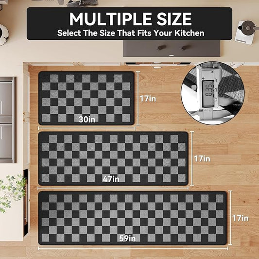 YDKGL Kitchen Mats for Floor, Super Absorbent Kitchen Rugs Non Slip Washable, Linen-Look Woven Cushion Runner Rug, Kitchen Sink Mat Standing Mat, Black Gray Checkered 17"x30"