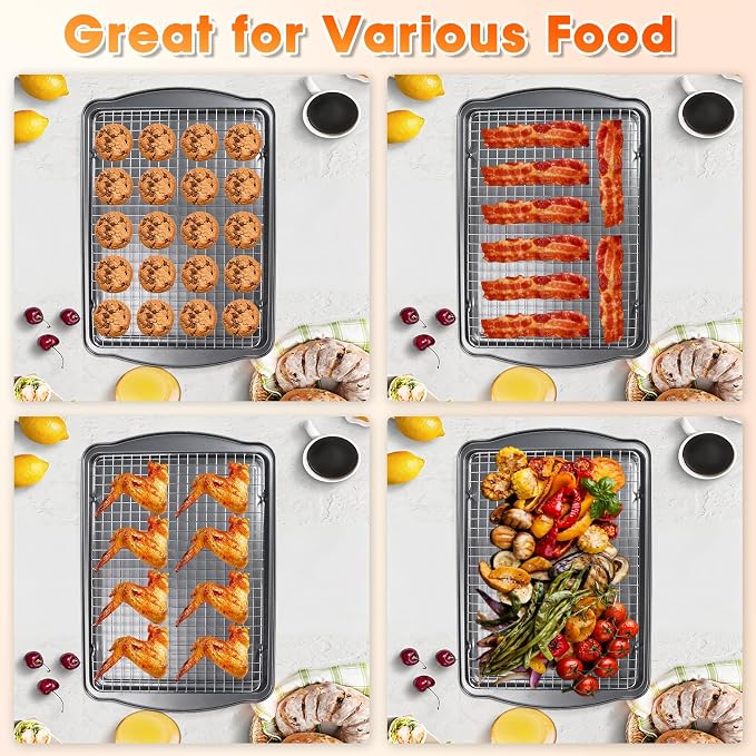 Baking Sheet with Cooling Rack, 17” x 12” Nonstick Carbon Steel Cookie Sheets Pan Set with Wire Racks for Baking and Cooking, Baking & Cookie Sheet Pan Oven Tray Non Toxic (2 Pans + 2 Raised Racks)