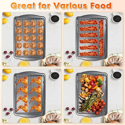 17” x 12” Nonstick Carbon Steel Baking Sheet Pan with Cooling Rack, Cooking Sheet Pan Cookie Sheets for Baking, Kitchen Cookware Baking Pans Set Oven Tray with Wire Racks (2 Pans + 2 Raised Racks)