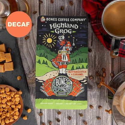 Bones Coffee Company Decaf Highland Grog, Butterscotch Caramel Decaffeinated Flavored Coffee, Medium Roast Low Acid Arabica Beans For Auto drip and French Press Coffee Maker, 12 Oz Whole Bean