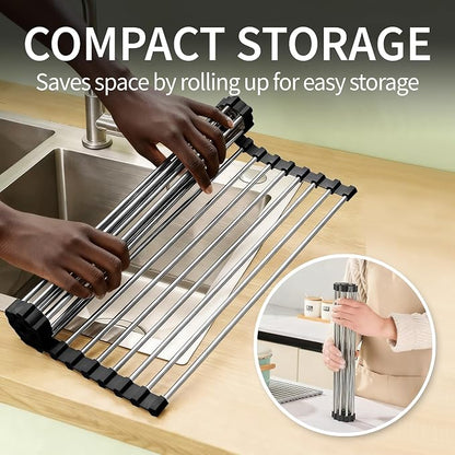 Dish Drying Rack with Roll Up and Over Sink for Kitchen 17"X15.7" (Black)