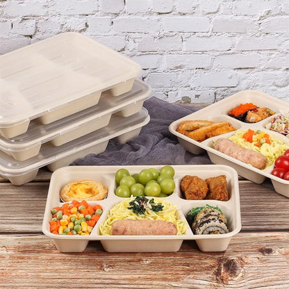Sugarcane Fiber 40 oz 6 Compartments disposable plates with Lids Bagasse Plant Fibers Freezer Safe 25 Pack