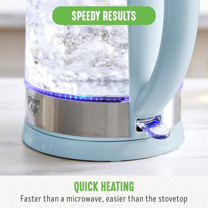 GreenLife 1.7 Liter Glass Electric Kettle, Easy One Touch Use, Quick Heating, Filtered Spout, LED Base, Auto Shut-Off, Cordless Serving, Coffee and Tea, Blue Haze