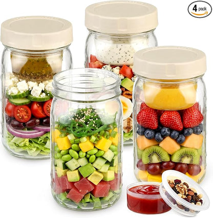 Glass Salad Jars 4 Pack 32oz with Lids for Meal Prep, Salad Container for Lunch, Jars with Dressing Cup, Wide Mouth Mason Jars, Meal Prep Jars