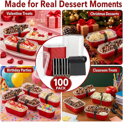 YQER 100 Pack Red Mini Cake Pans with Lids and Spoons, 6.8 oz Disposable Aluminum Foil Mini Loaf Pans with Stickers, Individual Dessert Cake Tins Containers for Valentine Gifts, Holidays, Parties