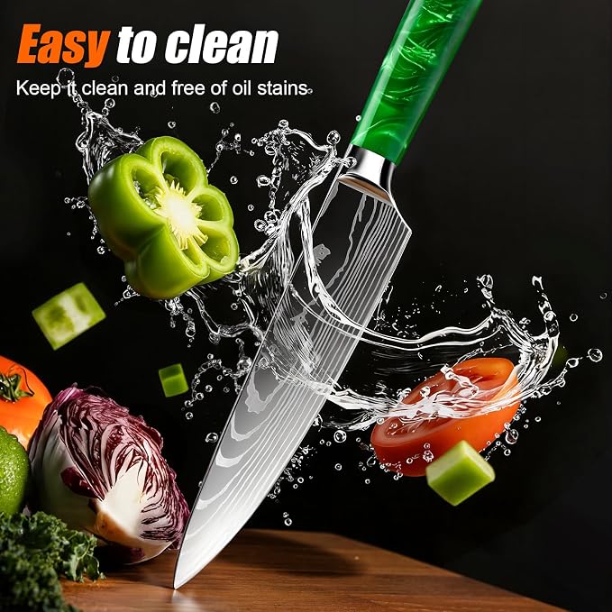 8-Piece Premium Japanese Kitchen Knife Set - Star Collection, Laser Damascus Pattern, 440A Stainless Steel Ultra Sharp for Fast Cutting (Green 8J)
