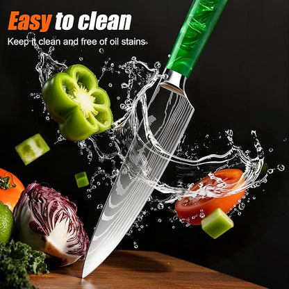 10-Piece Premium Japanese Kitchen Knife Set - Star Collection, Laser Damascus Pattern, 440A Stainless Steel Ultra Sharp for Fast Cutting (Green)