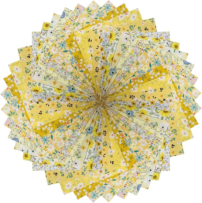 HANPATQUI 50PCS 12 x 12 inch 100% Cotton Fat Quarters Fabric for Sewing and Quilting Bundles Precut Fabric Square for DIY Craft Patchwork-Yellow Printed