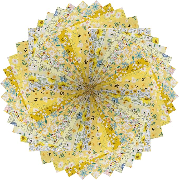 HANPATQUI 50PCS 5 x 5 inch 100% Cotton Fat Quarters Fabric for Sewing and Quilting Bundles Precut Fabric Square for DIY Craft Patchwork-Yellow Printed