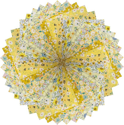 HANPATQUI 50PCS 5 x 5 inch 100% Cotton Fat Quarters Fabric for Sewing and Quilting Bundles Precut Fabric Square for DIY Craft Patchwork-Yellow Printed