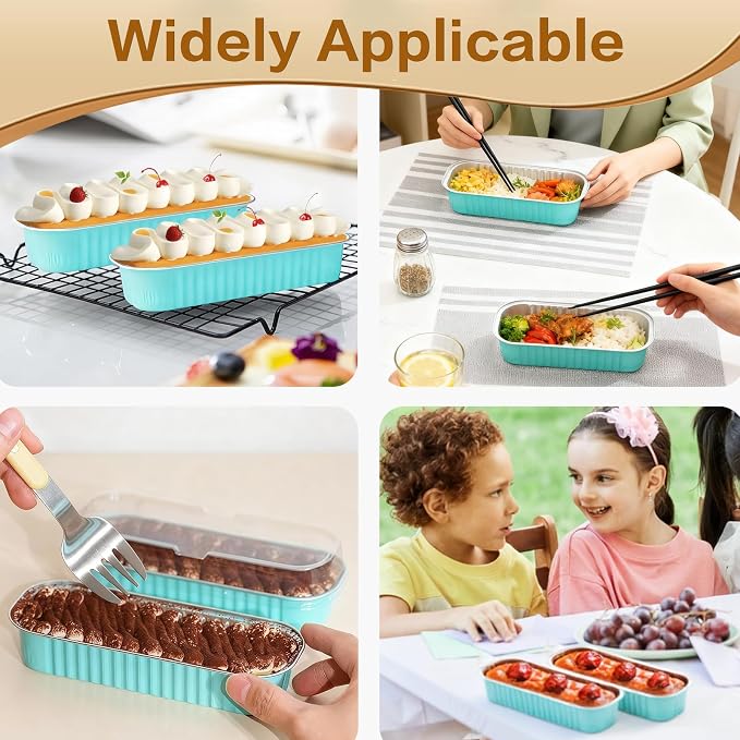 50 Pack Mini Cake Pans with Lids and Spoons, Mini Loaf Baking Pans 6.8oz, Small Disposable Aluminum Foil Loaf Pans, Rectangular Baking Containers for Party and Picnics, Cheesecake Pans (Blue)