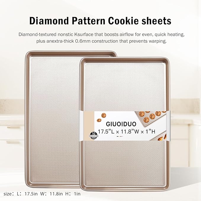 2 Pack Half Sheet Baking Pans,Commercial Quality Baking Sheet Pan Set,Carbon Steel Cooking Pans, Non Stick Baking Sheet for Oven,Large Thick Cookie Tray Pans for Baking（17.5" x 11.8" x 1"）