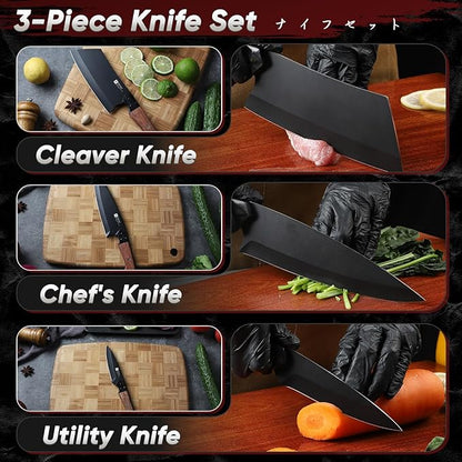 TIVOLI Kitchen Knife Set 3pcs - Chef Knife Set with Full Tang Wooden Handle - Cleaver, Chef, Kitchen Utility Knives for Meat, Vegetables and Fruit - Cooking Gifts for Men and Women