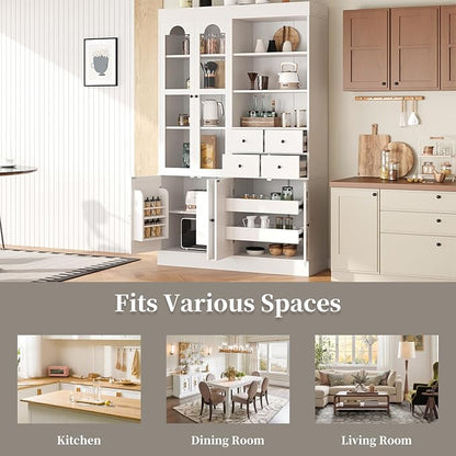 VilroCaz 75'' Tall Freestanding Kitchen Pantry Cabinet, Wood Large Cupboard Storage Buffet with Hutch, 4 Drawers, Door Shelves and Pull-Out Trays for Dining Room, Living Room (White-10.13)