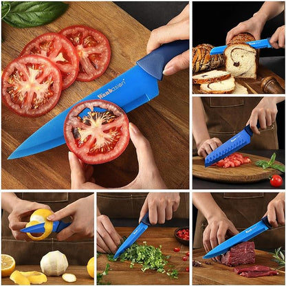 Wanbasion Blue Stainless Steel Knife Set, Sharp Kitchen Knife Set Professional, Kitchen Knife Set Dishwasher Safe with Covers for Cooking