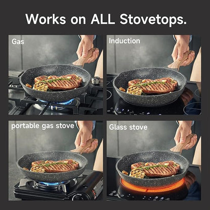 JEETEE 9.5 Inch Nonstick Frying Pan Stone Coating Cookware, Nonstick Omelette Skillet with Soft Touch Handle, Compatible with All Stoves