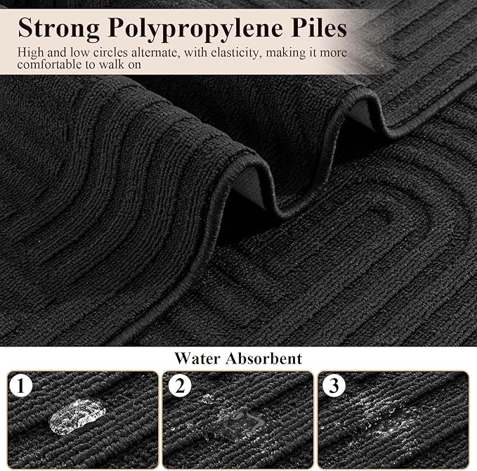 U'Artlines Kitchen Rugs and Mats Set of 3, Non Skid Washable Black Geometric Kitchen Mats for Floor, Absorbent and Stain Resistant Floor Mat for Laundry, Sink Decor 20x32+20x48+20x59