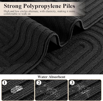 U'Artlines Kitchen Rugs and Mats Set of 3, Non Skid Washable Black Geometric Kitchen Mats for Floor, Absorbent and Stain Resistant Floor Mat for Laundry, Sink Decor 20x32+20x48+20x59