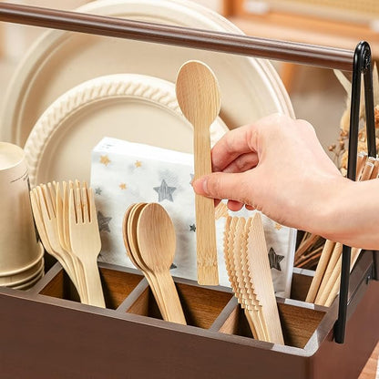 PTSTING Silverware Caddy with Handle Acacia Wood Utensil Holder Paper Plate Dispenser for Countertop Flatware Organizer Box for Spoons Forks Plates Cups Napkins