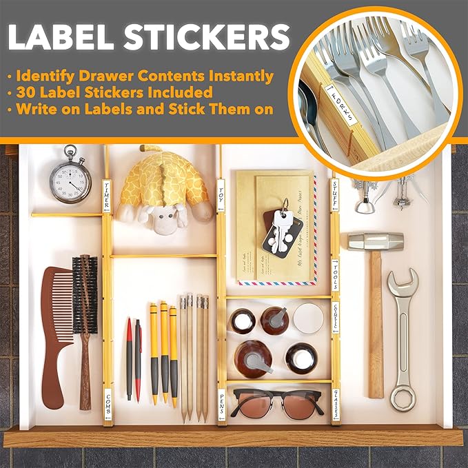 SpaceAid Spice Drawer Organizer with 28 Spice Jars, Bamboo Drawer Dividers with Inserts 4 Dividers with 9 Inserts (17-22 in)