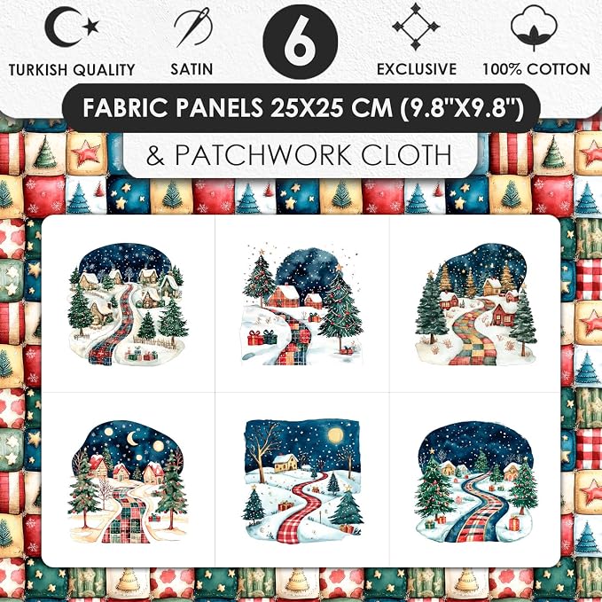 Winter Village Patchwork Cotton Fabric Panel – 6 Designs 10×10 inch + Bonus Patchwork Sheet 29.5×19.6 inch, 100% Cotton 140 GSM (USA Size)