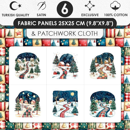 Winter Village Patchwork Cotton Fabric Panel – 6 Designs 10×10 inch + Bonus Patchwork Sheet 29.5×19.6 inch, 100% Cotton 140 GSM (USA Size)