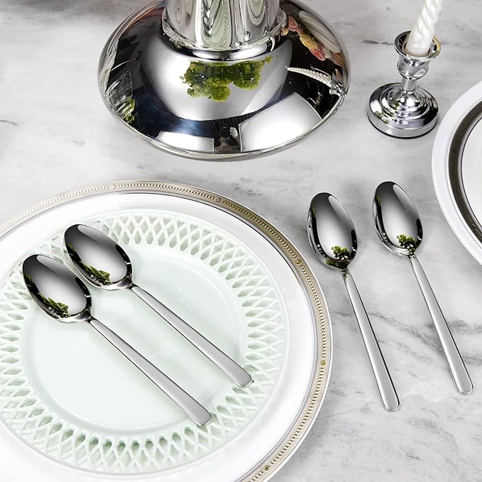 KEAWELL Premium Aline 4-Piece 9 inch Spoon Set – 18/10 Stainless Steel Silverware with Mirror Polish, Dishwasher Safe for Table Setting and Entertaining (4, Serving Spoons)