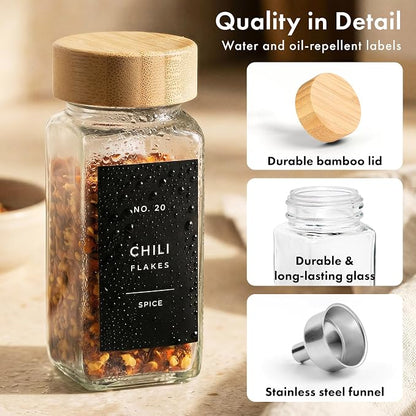 EDELHAUS® Square Spice Jars with Bamboo Wooden Lid (Pack of 24) Spice Jars with Shaker Insert and 240 Labels - Bamboo Lid Glass Container for Spice Organisation [4.3 in × 1.8 in]