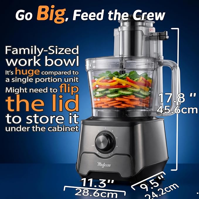 14-Cup Food Processor, 1000W Motor, Storage Drawer, Metallic Color | 7 Speeds, XL Bowl & Large Feed Chute, French Fry Cutter, Chop, Slice, Shred & Mix Veggies, Cheese & Meat for Family Meals