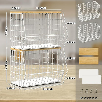 Mefirt Fruit Basket, 2-Tier Fruit Bowl for Kitchen Counter, Stackable Wall Mounted Fruit Storage, Snack Organizer, Potato and Onion Storage Basket, Hanging Pantry Storage with Wood Lid, 2 Set, White