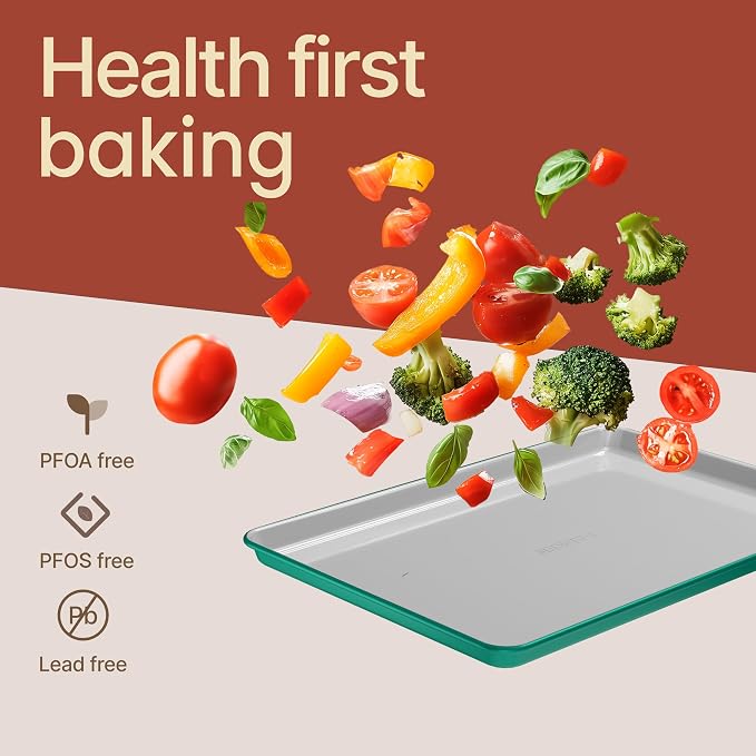 Bakken 8-Piece Stackable Bakeware Set – Ceramic Non-Stick, Oven-Safe Baking Sheets & Pans, PTFE/PFOA/PFOS-Free, Ergonomic Handles, Includes Cooling Rack – Healthy, Non-Toxic Baking Essentials