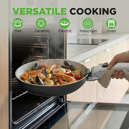NutriChef 18-Piece Ceramic Cookware Set with Detachable Handles, Non Stick Pots and Pans, PTFE-Free Natural Ceramic Coating, Space-Saving Design, Oven & Stove Safe, Includes Utensils, Blue