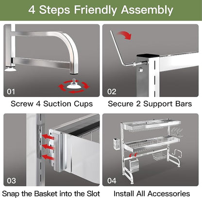3 Tier Extra Large Stainless Steel Expandable Over The Sink Dish Drainer Drying Rack, Rust Proof Metal, Space Saving, Modern Silver Big Capacity Extendable Plate Strainers Above Kitchen Counter