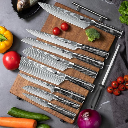 Dfito Chef Knife Sets with Roll Bag, 9 Pieces Professional Knife Set with Sharpener, High Carbon Stainless Steel Kitchen Chef Knife Set, Black Resin Handle, Dishwasher Safe