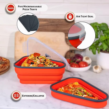 PIZZA PACK The Perfect Reusable Pizza Storage Container with 5 Microwavable Serving Trays - BPA-Free Adjustable Pizza Slice Container to Organize & Save Space, 5 Pack, Party