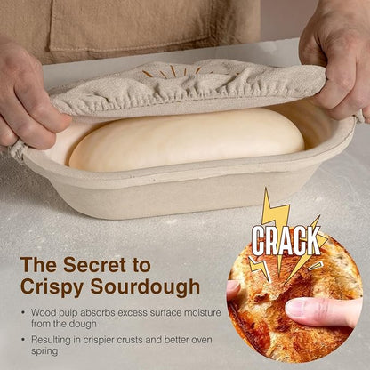 Wood Pulp Banneton Bread Proofing Baskets Set of 2, 11 Inch Oval 750G Sourdough Proofing Basket Kit with Linen Covers, Dough Whisk, Scraper, Bread Lame & Flour Duster, Non-Stick Bread Bowl
