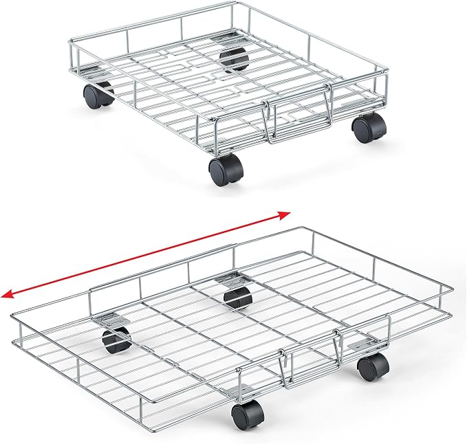 Collections Etc Flat Rolling Floor Shelf Metal Storage Cart - Expandable to 24" W - Slim Cart Holds Up to 22 Lbs. on 4 Caster Style Wheels, Fits Under Beds, Desks or Shelving