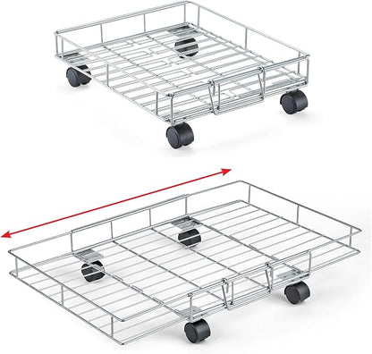 Collections Etc Flat Rolling Floor Shelf Metal Storage Cart - Expandable to 24" W - Slim Cart Holds Up to 22 Lbs. on 4 Caster Style Wheels, Fits Under Beds, Desks or Shelving