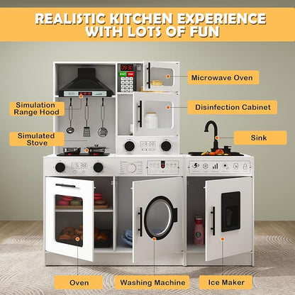 JOYLDIAS Kids Play Kitchen Set, Wooden Free Combination & Movable Pretend Toddler Kitchen Toy w/Real Sound and Light, Running Water, Oven, Washing Machine and Cookware Accessories for Age 3+ Toddlers