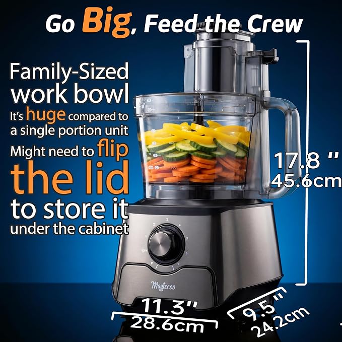 14-Cup Food Processor, 1000W Motor, Storage Drawer, Gray Color | 7 Speeds, XL Bowl & Large Feed Chute, French Fry Cutter, Chop, Slice, Shred & Mix Veggies, Cheese & Meat for Family Meals