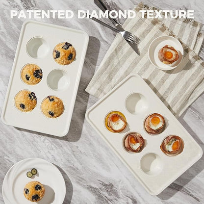 HONGBAKE 2 Pack Nonstick Ceramic Muffin Pan, 6 Cup Muffin tin for Baking, Non-toxic Cupcake Pan, Heavy-duty Aluminized Steel Cupcake Tray with Diamond Texture, Easy To Clean (Cream, 2PCS)