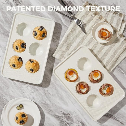 HONGBAKE 2 Pack Nonstick Ceramic Muffin Pan, 6 Cup Muffin tin for Baking, Non-toxic Cupcake Pan, Heavy-duty Aluminized Steel Cupcake Tray with Diamond Texture, Easy To Clean (Cream, 2PCS)