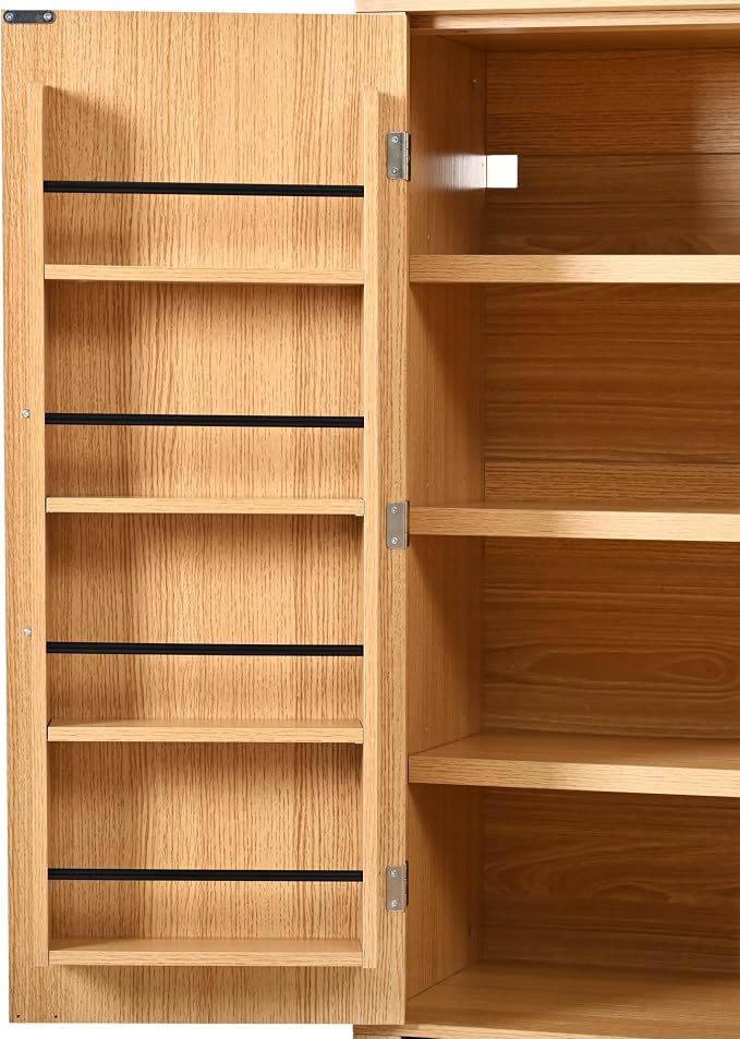 72" Tall Arched Kitchen Pantry Cabinet with 2 Drawers, Mid Century Modern Fluted Storage Cabinet with 8 Adjustable Door Shelves, Wooden Cupboard Organizer for Kitchens, Living Room (Natural-6.3)