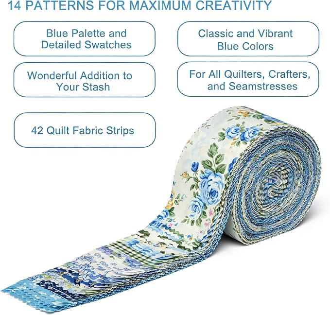 Nodsaw Blue Floral Jelly Roll Fabric Strips, 2.5" x 44" 42 Pcs Soft Cotton Pre-Cut Quilting Fabric Strips for Rug, Blanket, Quilt, Table Runner, and DIY Sewing Craft Projects, Sunshine Blooms